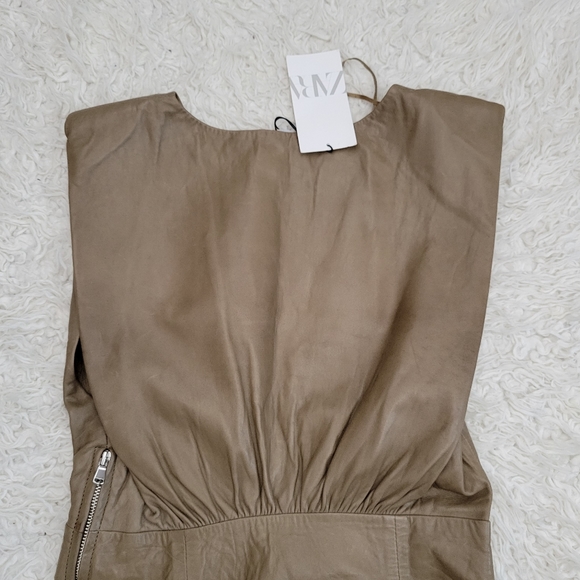 NWT Zara Leather Dress Padded Shoulder Mini Taupe - Picture 15 of 16